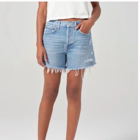 NWT Agolde Parker Long Distressed Button Fly Denim Jean Shorts in Swapmeet 29 - Picture 3 of 11